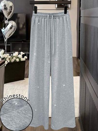 GlowEve CURVE Quần ống rộng dáng suông thoải mái có dây rút ở eo dành cho nữ cỡ lớn, đính đá trang trí.