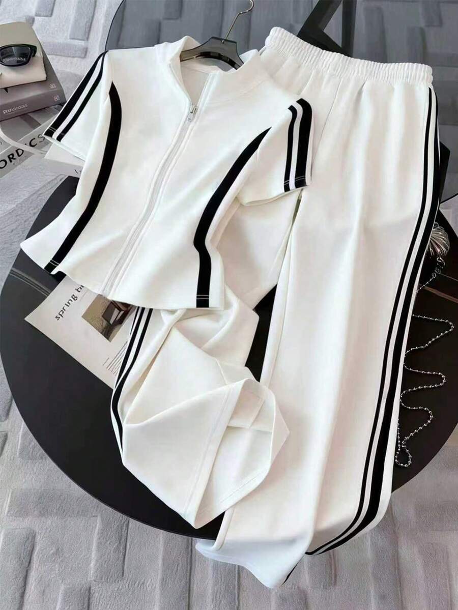 Resyla Women's Striped Short Sleeve Zip Front Top And Pants Casual 2 Pieces Set - White - View 1