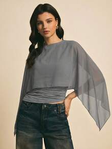 Poéselle Women's Casual Ruched Shawl Blouse For Summer - Grey - View 6