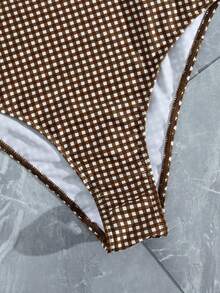 Swim Mod Women's Vacation Beach Casual Patchwork Retro Brown Gingham Print V-Neck + Ruffle Trim Spaghetti Strap One-Piece Open Back Swimsuit, Front Tie Design, Ideal For Sports & Beach, Spring Break & Summer Vacation Season.2026 Swimwear .French Style Swimsuit.Euro Summer Swimsuit.Summeroutfit Swimsuit For Women New Women's Swimwear Cute Swimsuits For Women Bathing Suit For Women Beach Outfit For Gingham One Piece Swimsuit Brown Gingham Swimsuit Ruffle One Piece One Piece Bathing Suits For Women - Multicolor - View 9