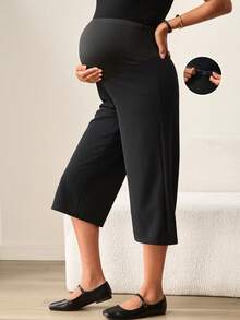MaterniWear 可调节腰围休闲百搭孕妇七分裤，适合日常穿着 - 黑色 - 查看 1