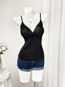 Sweetra Plus Size Women Lace Patchwork Camisole - Black - View 6