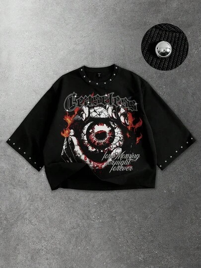 ROMWE MEN 男士铆钉装饰印花宽松七分袖T恤，春夏款