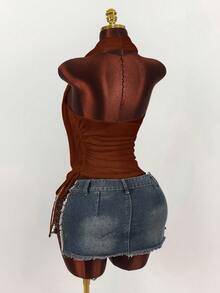 Amplova 女士垂褶领双层衬衫，不对称下摆，侧边褶皱 - 咖啡棕 - 查看 2