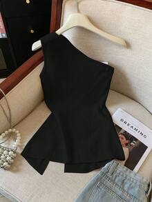 SHEIN PETITE 时尚休闲性感单肩侧开衩不对称修身无袖背心 - 黑色 - 查看 2