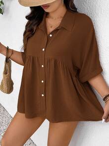 SHEIN Frenchy Women Plus Size Front Open Textured Short Sleeve Blouse,Chocolate Brown,Autumn,Boho,Vacation,Holiday Comfortable Casual Summer Elegant Spring Tops - Maroon - View 3
