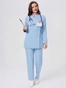 Scrubzie Anti-Wrinkle Stand Collar Long Sleeve Women's Scrub Uniform Top And Pants Set - Baby Blue - View 3