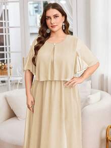 Modelyn Plus Size Women Solid Color Round Neck Fashionable Date Party Dress - Apricot - View 5