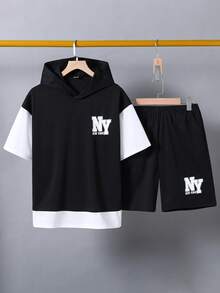 Vacaura Conjunto de sudadera con capucha y pantalones cortos minimalista de contraste de color para adolescentes, adecuado para el uso diario y el deporte - Negro - Ver 4