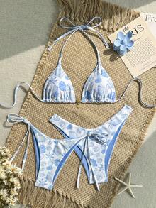 Swim MOD 三件套泳衣，春夏度假海洋随机印花金色贝壳配饰挂脖三角比基尼上衣和高腰侧系带泳裤性感女士泳装三件套女士两件式泳衣斑马纹比基尼套装贝壳印花比基尼蓝白比基尼两件式泳衣Zestiva泳装女士比基尼套装春夏精选Yummy Control泳衣 - 藍白色 - 查看 1