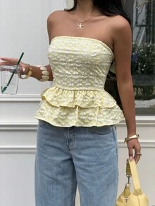 Siren Gaze Women's Elegant Jacquard Ruffle Hem Bandeau Top, Summer Yellow Summer Top Yellow Strapless Top Yellow Top Yellow Floral Top Yellow Peplum Top - Yellow - View 5