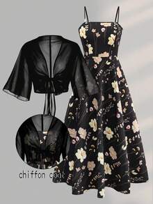 SHEIN Franclia 大码女式碎花雪纺连衣裙和开衫两件套，优雅夏日 - 黑色 - 查看 1