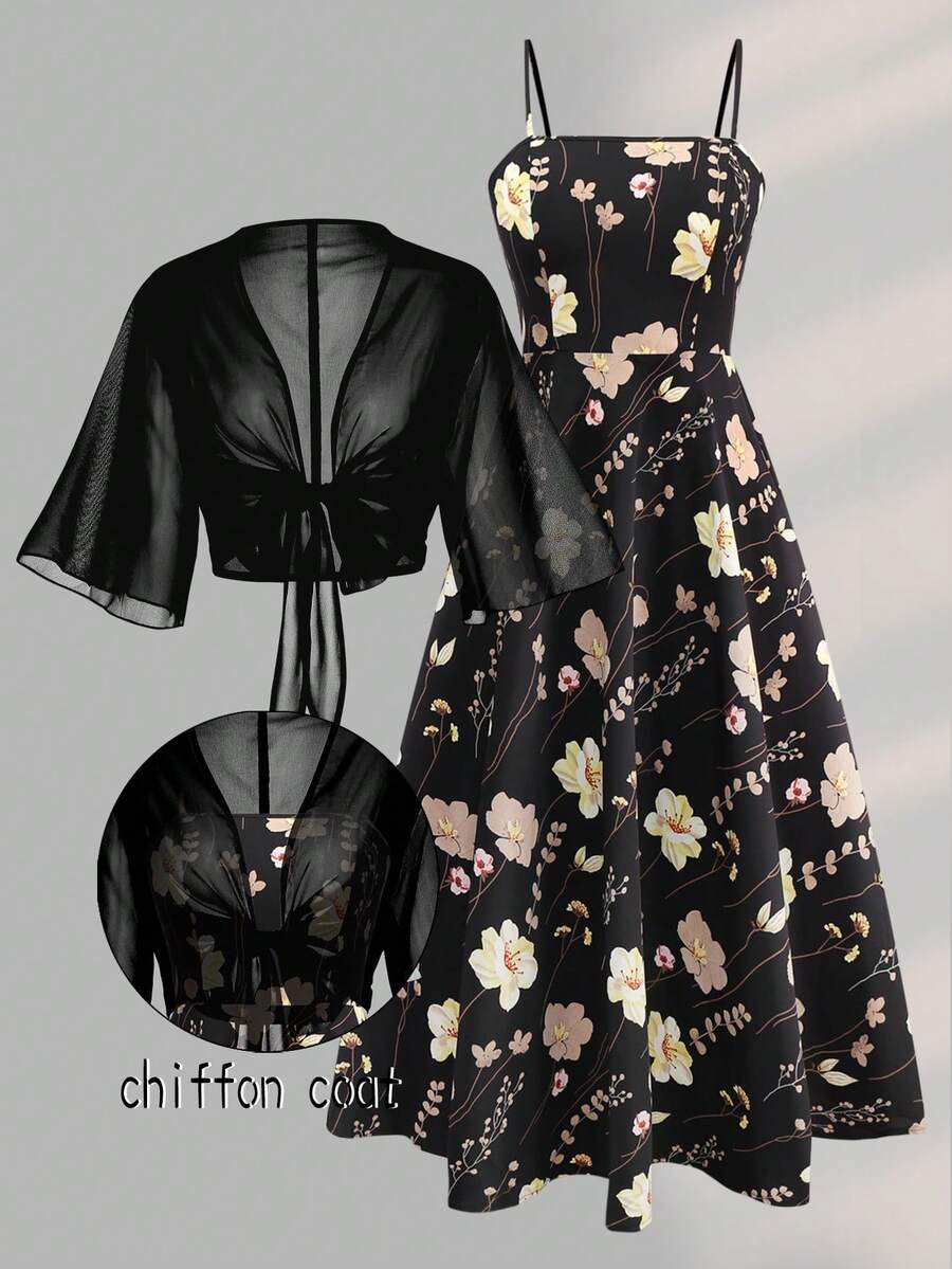 SHEIN Franclia 大码女式碎花雪纺连衣裙和开衫两件套，优雅夏日 - 黑色 - 查看 1