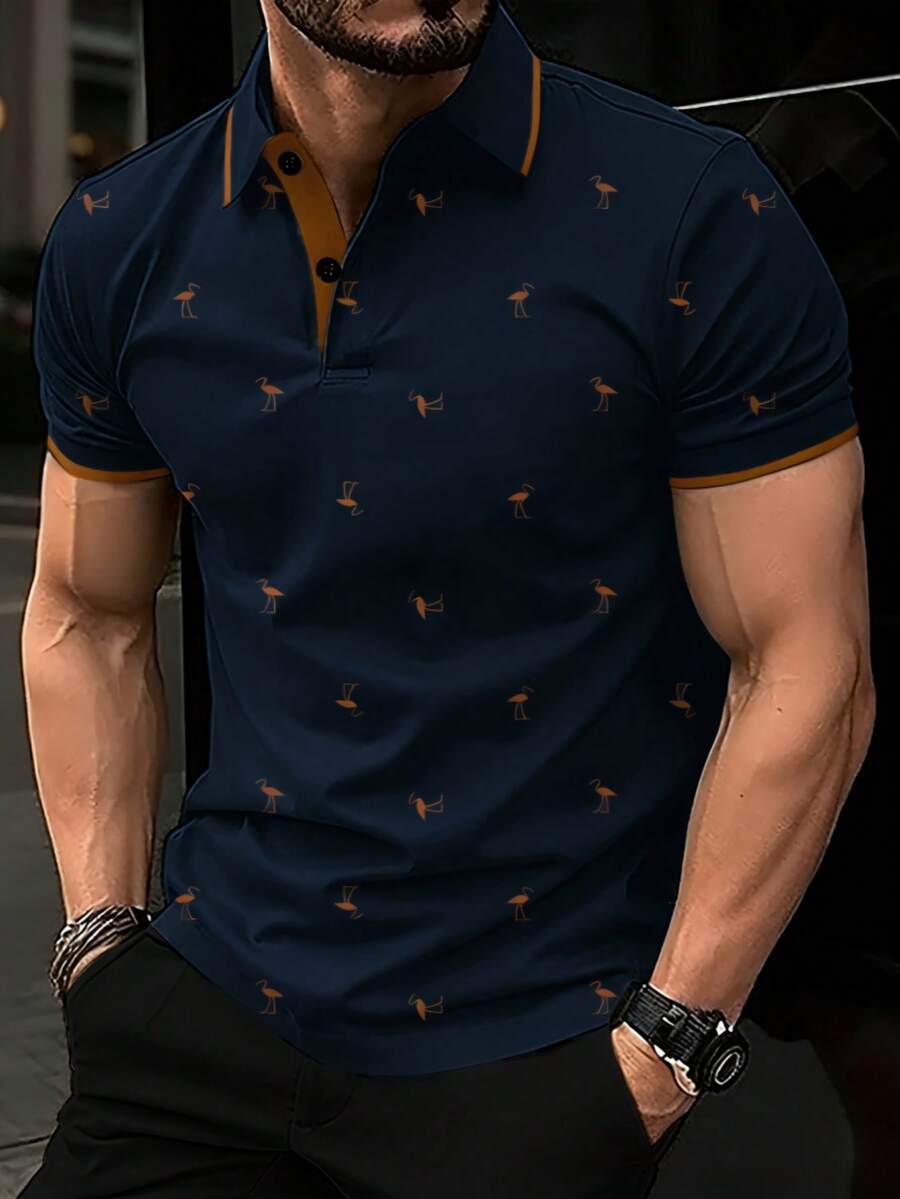 Manfinity Homme Men's Casual Flamingo Print Polo Shirt For Summer - Navy Blue - View 1