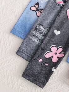 3pcs Girls' Casual Cute Graffiti Leopard, Butterfly, Cat Print Faux Denim Look Leggings - Multicolor - View 5