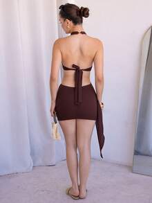 Andrea Bello New Vacation Halter Waist Hollow Out Fitted Flowy Mini Dress, Bohemian, Boho, Vacation, Fall Women Clothes, Vintage, Holiday Brown Party - Brown - View 2