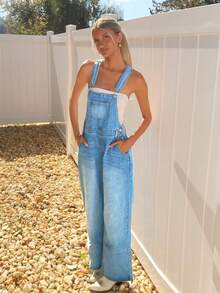 Sydney Algeri Quần yếm denim ống rộng thiết kế túi rộng thoải mái cho nữ - Giặt nhẹ - Xem 5