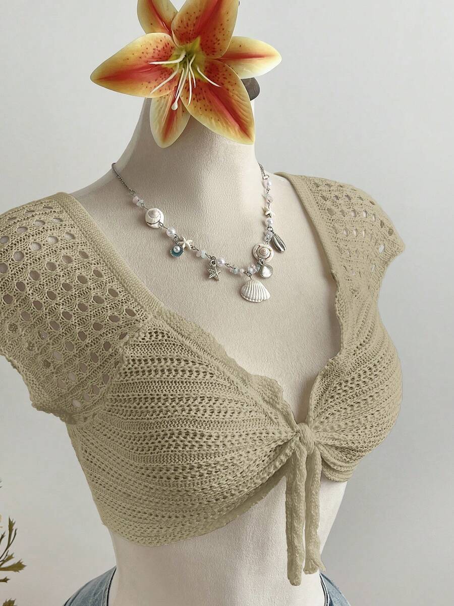 Flirla Casual Versatile Vacation Style Women Short Sweater - Khaki - View 1