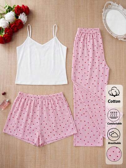 SHEIN 3 pezzi Set pigiama casual e comodo da donna, composto da: top a fascia monocolore sexy, pantaloncini con stampa a cuori, pantaloni lunghi da notte