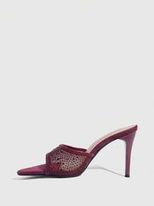 CUCCOO SZL 女士夏季新款酒红色网眼水钻高跟凉鞋 时尚华丽性感派对女士凉拖鞋 - 酒紅色網紗 - 查看 4