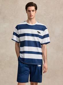 Courvante 男士时尚条纹印花T恤两件套 - 藍色 - 查看 1