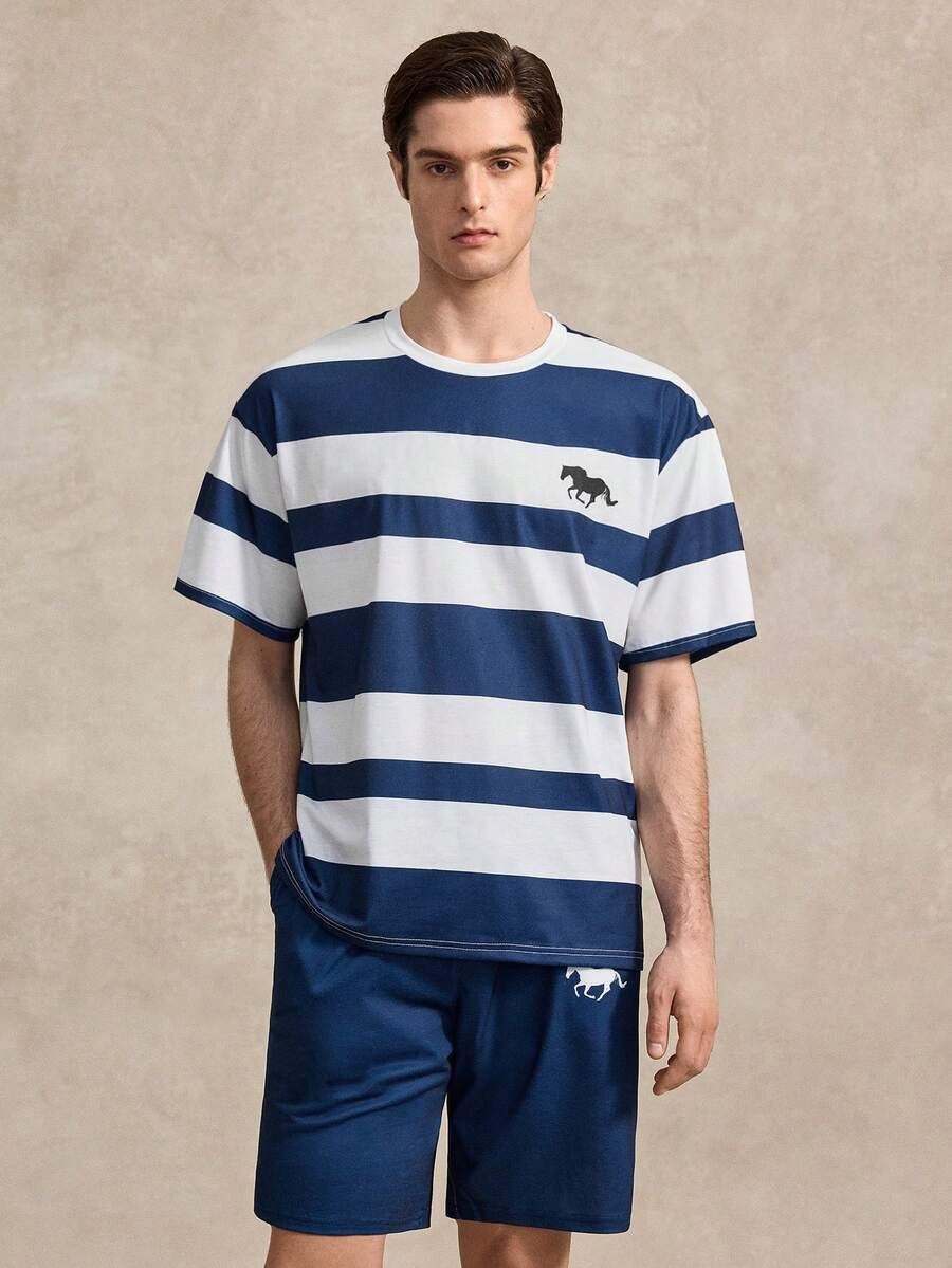 Courvante 男士时尚条纹印花T恤两件套 - 藍色 - 查看 1