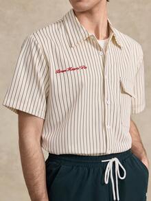 Courvante Men's Striped Short Sleeve Single-Breasted Casual Pocket Cream Button Up Bowling Work Shirt Pinstripe, Woven Fabric Collar White, Daily Commute - White - View 5