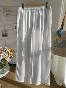 Comfortcana White Autumn Casual Eleganza Loungewear Women Plus Size Crinkle Textured Loose Drawstring Tie Waist Wide Leg Pants Vacation - White - View 2