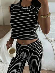 SHEIN EZwear 女士黑白条纹休闲针织两件套，夏季女士两件套服装，女士休闲服装，女士夏季服装，女士两件套，女士服装套装，套装，服装，两件套，女士夏季服装，两件套休闲套装，休闲两件套，女士两件套服装 - 黑色 - 查看 3
