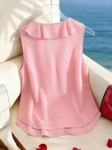 GlowEve CURVE Plus Size Women V-Neck Ruffle Sleeveless Chiffon Loose Summer Top, Slimming - Pink - View 2