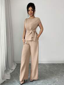 Elenzga Áo sơ mi nữ thanh lịch, màu xanh dương, xếp ly, eo điều chỉnh được, thắt nơ + Quần ống rộng, cạp cao, có túi, thanh lịch, phù hợp cho công sở - Màu Khaki - Xem 7