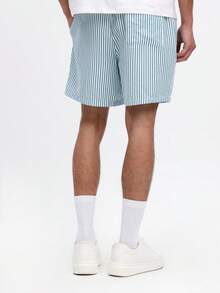 SUMWON Quần short nam mùa hè dáng suông kẻ sọc dọc, có túi bên hông, dây rút eo, kiểu Bermuda, thích hợp cho kỳ nghỉ biển. - Màu xanh lam - Xem 3