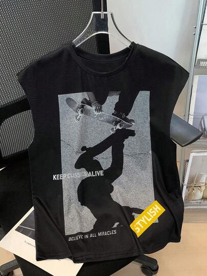 SHEIN Young Boys New Casual Minimalist, Street Y2K Style, Skateboard Print, Cool Sporty, Letter Graphic Sleeveless Tank Top, Suitable For Summer
