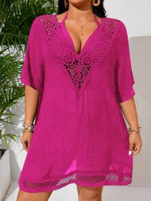 Swim Lushoire Vestido de playa de encaje floral con cuello en V y parches sexy para mujer de talla grande - Rosa Fucsia - Ver 5