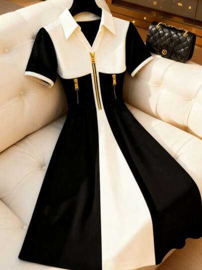 GlowEve CURVE Plus Size Women's Elegant Fashionable V-Neck Short Sleeve Belted Printed Maxi Dress, Suitable For Daily Commute & Casual Wear Dresses For Ladies Collared Dress Classy Dress Black And White Dress Elegant Dress