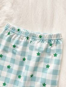 2pcs Baby Boys' Elegant Green & White Plaid And Star Print Cardigan Collar Short Sleeve Pants Comfortable Pajamas Set - Green - View 5