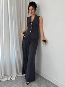 SHEIN Elenzya 无袖收腰外套搭配直筒裤，条纹面料，优雅女士套装 - 彩色 - 查看 7