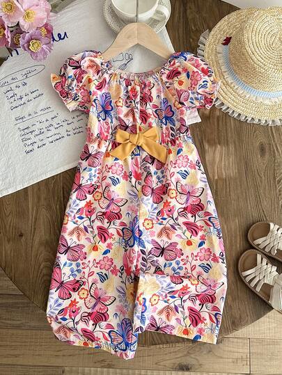 LMoss Kids Tutina casual da bambina con scollo a ciambella, maniche a petalo e stampa floreale ditsy