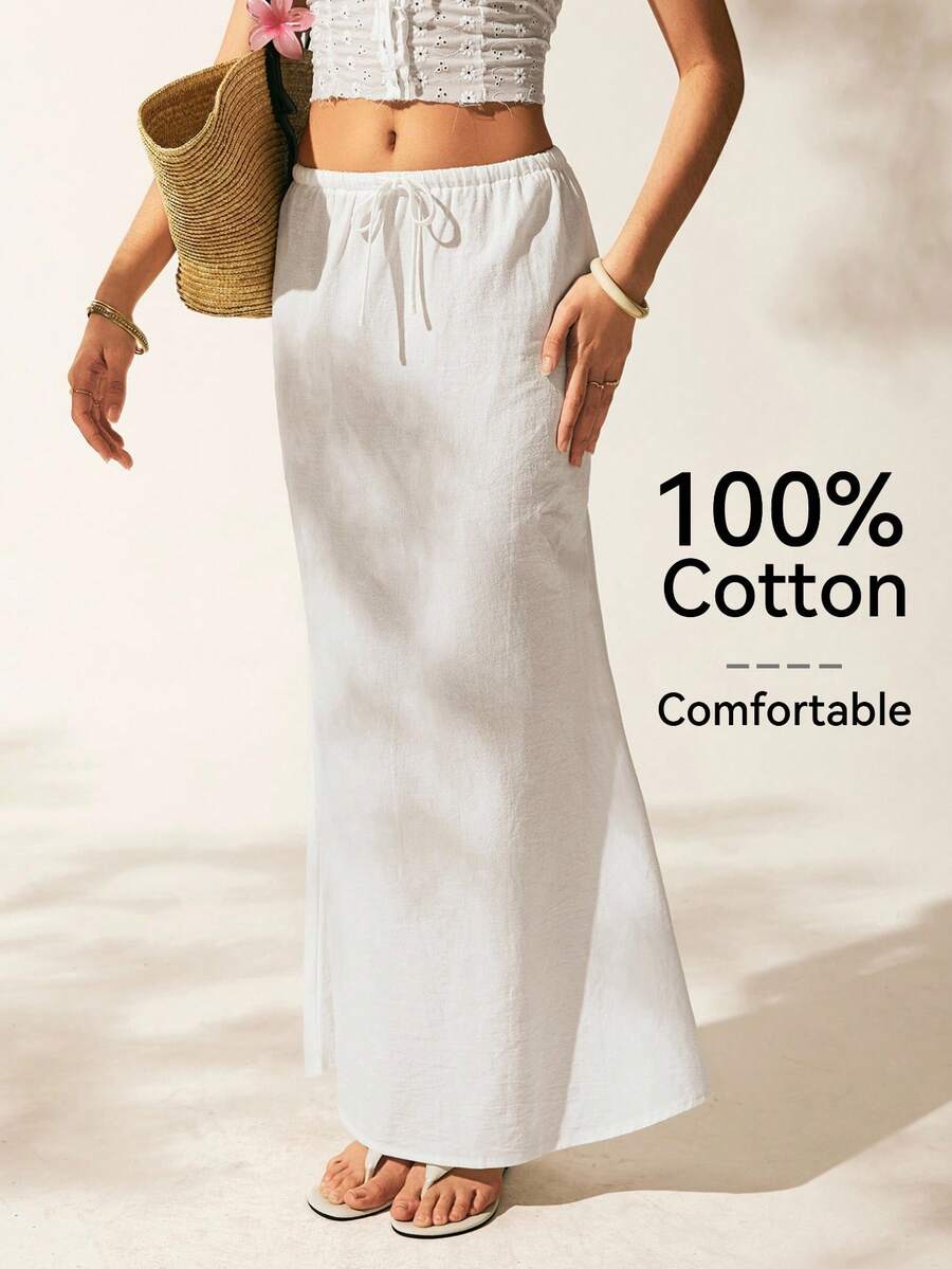 SHEIN EZwear 大码女装春夏休闲度假风白色亚麻美人鱼长裙,抽绳腰带裙,抽绳长裙,鱼尾裙 - 白色 - 查看 1