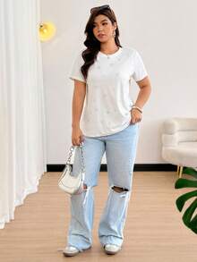 Easura Plus Size Women's Fashion Pentagram Rhinestone Embellished Casual Minimalist Versatile T-Shirt - White - View 7