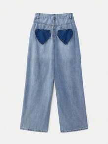 Jeans rectos de talle alto con bolsillos traseros en forma de corazón en contraste - Lavado ligero - Ver 7