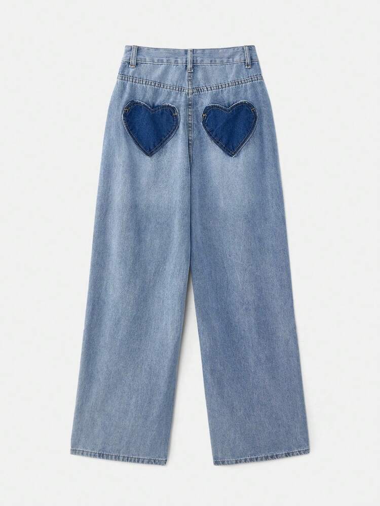 Light High-Waisted Straight-Leg Jeans With Contrasting Heart-Shaped Back Pockets Cute Jeans Spring Summer Vacation French Style Parisian Style