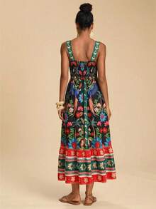 Travachic 女士印花褶皱休闲度假沙滩约会连衣裙 - 黑色 - 查看 2