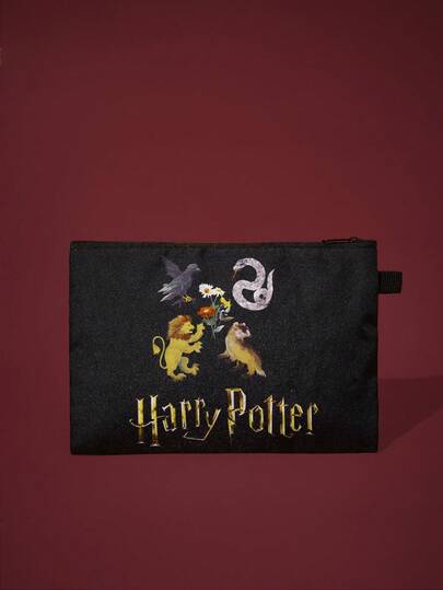 FanGlow HARRY POTTER X SHEIN حقيبة مستحضرات تجميل بسحاب ذات شعار مدرسي أسود جميل، قماشية محمولة وصغيرة السعة الكبيرة لتخزين مستحضرات التجميل للسفر، حقيبة أدوات التجميل
