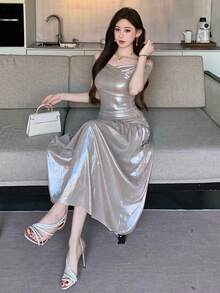 DAZY Women's Solid Color Shoulder Top And Mini Skirt 2 Pieces Set, Fashionable For Dates And Outings Wedding Guest Skirt Women - Khaki - View 5