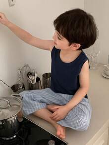 DAZY 慵懒蓝条纹抽绳直筒宽松休闲裤套装，家居服（小童） - 藏蓝色 - 查看 1