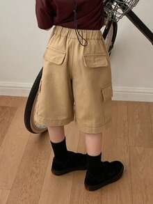 DAZY Pantalones cortos de mezclilla casuales con bolsillos parche para niño pequeño, verano - Caqui - Ver 2