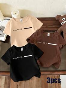 3件套男婴休闲时尚创意字母印花短袖T恤套装，咖啡棕、米色、黑色，舒适日常穿着，适合春、夏、秋季穿着。 - 彩色 - 查看 3