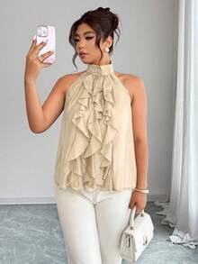 Elenzga Plus Size Women's Elegant Round Neck Ruffle Hem Blouse, Spring/Summer - Khaki - View 6