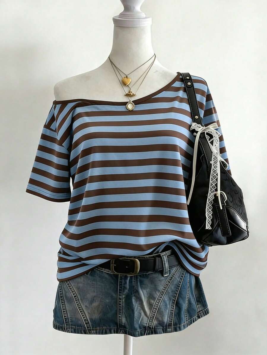 Lalippa 休闲条纹不对称领T恤，夏季 - 黑色 - 查看 1